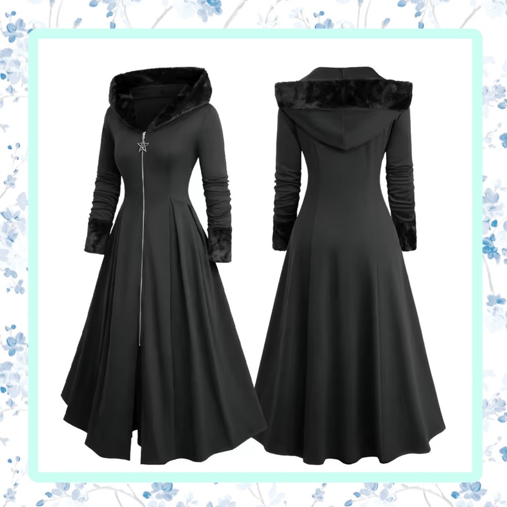 🍒 PLUS BLACK HOOD DRESS LONG SLEEVE MAXI FAUX FUR COLLAR CUFF GOTH CARDIGAN ZIP